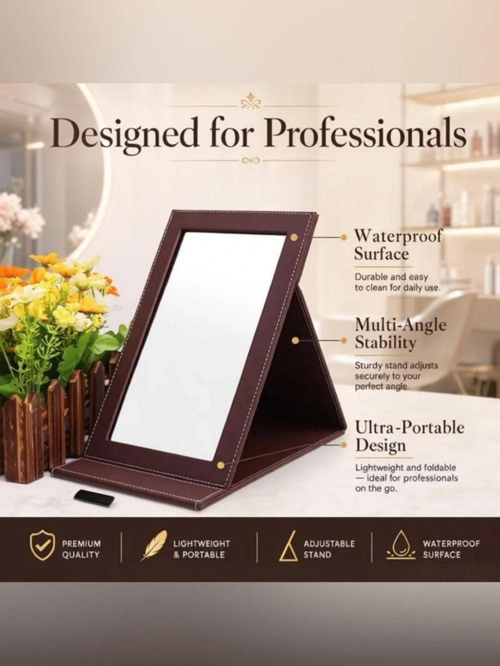 Leather Folding Vanity Mirror in Dark Brown